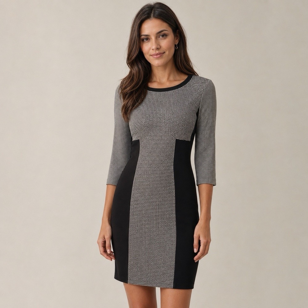 Max Mara Weekend Houndstooth Jersey Dress 6 Black Sheath Stretch Office Bodycon